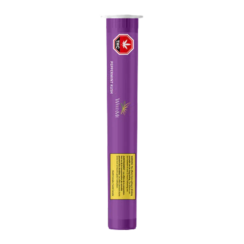 Tall vertical shot of a purple tube labeled Peppermint Kush PR 1 x 2 g with a red THC octagon near the top.