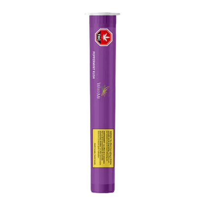Tall vertical shot of a purple tube labeled Peppermint Kush PR 1 x 2 g with a red THC octagon near the top.