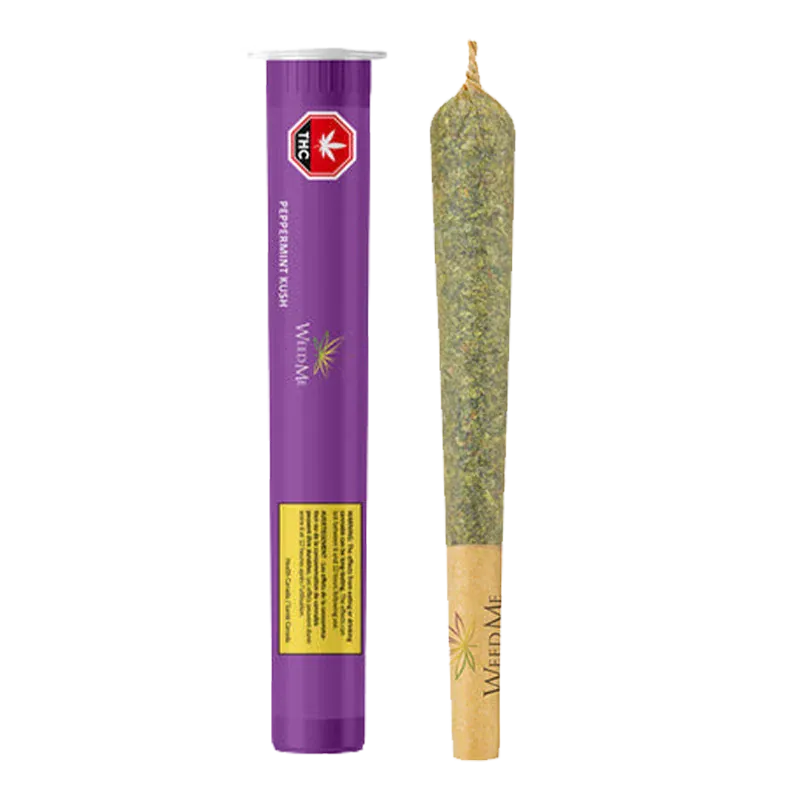 Straight-on product shot of the Peppermint Kush PR 1 x 2 g tube and joint standing side-by-side on a white background.