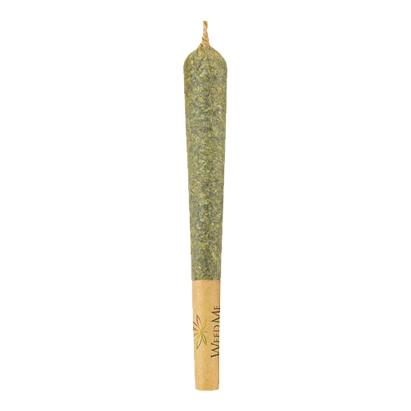 Straight-on view of a pre-rolled joint labeled "Peppermint Kush PR 1 x 2 g" with a twisted tip and a branded filter on a white background