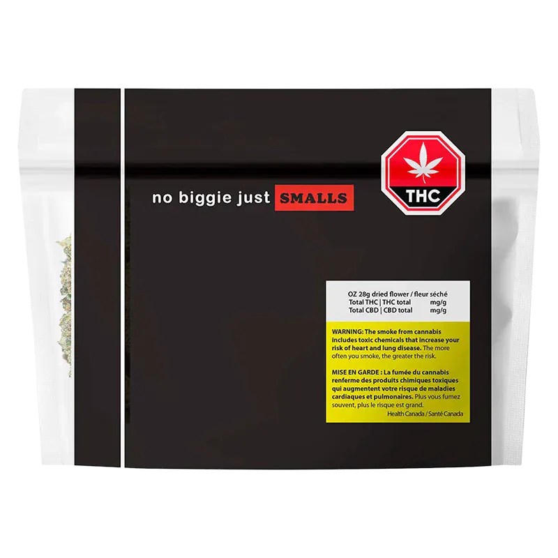 Front-facing shot of the OZ Hybrid resealable black pouch with "no biggie just SMALLS" text and a red THC stop-sign icon.