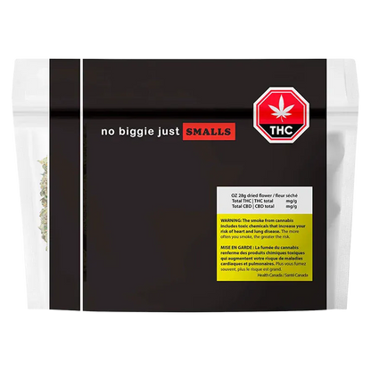 Front-facing shot of the OZ Hybrid resealable black pouch with "no biggie just SMALLS" text and a red THC stop-sign icon.
