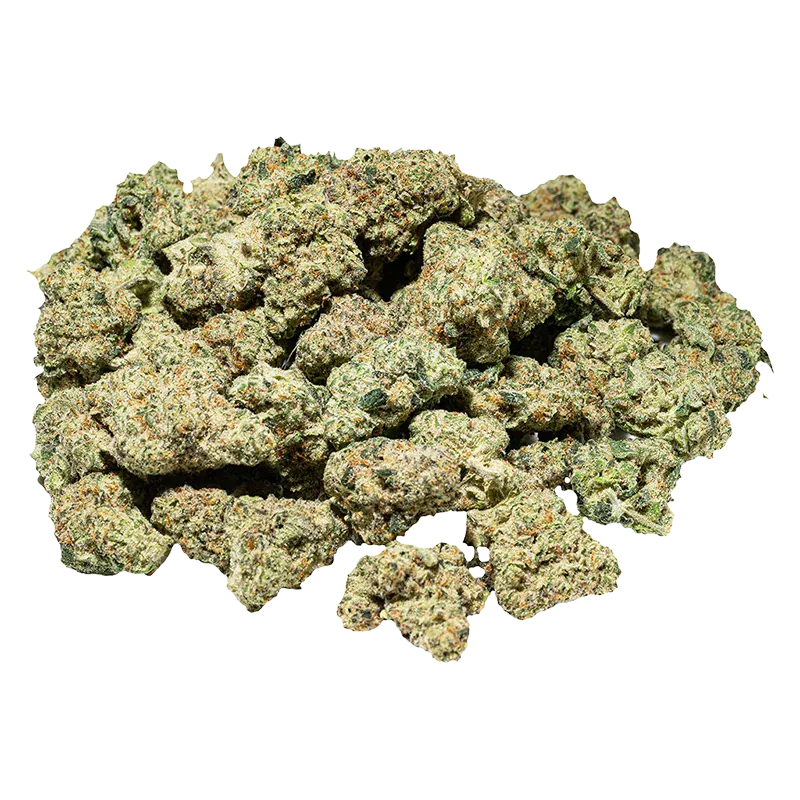 Close-up top-down view of a pile of dense, frosty green nugs labeled OZ Hybrid, shown on a white background.
