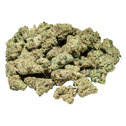 Close-up top-down view of a pile of dense, frosty green nugs labeled OZ Hybrid, shown on a white background.