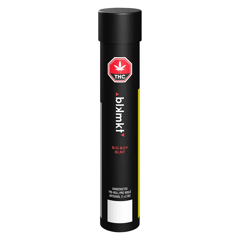 Tall front-facing black tube labeled "Big Boy PR 1 x 2 g" with a red THC shield and vertical white branding against a plain white background