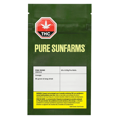 Front-facing image of a green pouch labeled Pure Sunfarms Pink Rhino PR 10 x 0.35 showing a red THC stop-sign logo, product panel and yellow warning box.