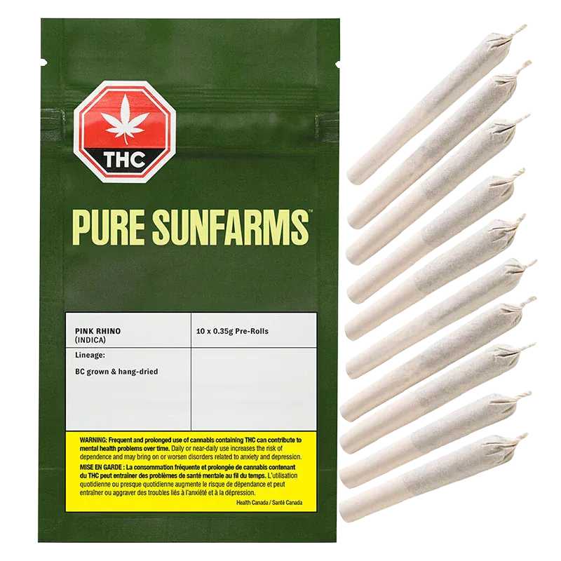 Front view of the green Pure Sunfarms Pink Rhino PR 10 x 0.35 package beside a neat column of pre-rolled joints.