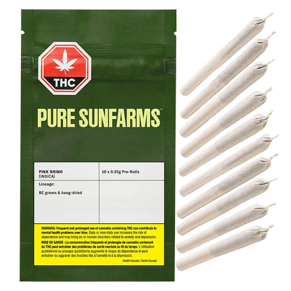 Front view of the green Pure Sunfarms Pink Rhino PR 10 x 0.35 package beside a neat column of pre-rolled joints.
