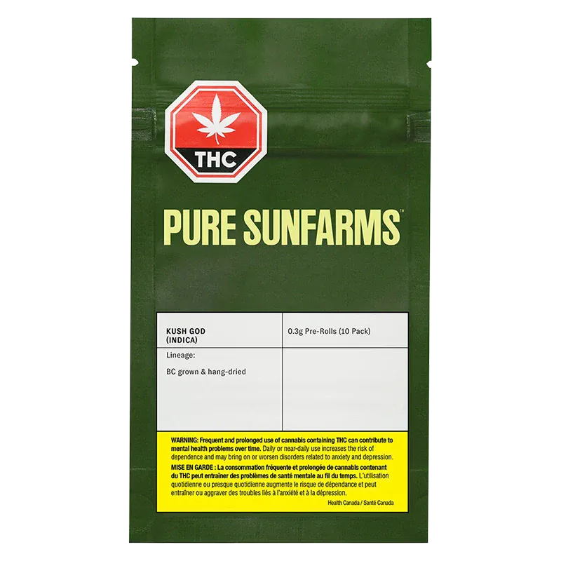 Front-facing pack on a white background labeled PURE SUNFARMS with the Kush God PR 10 x 0.35 g name visible on the label.