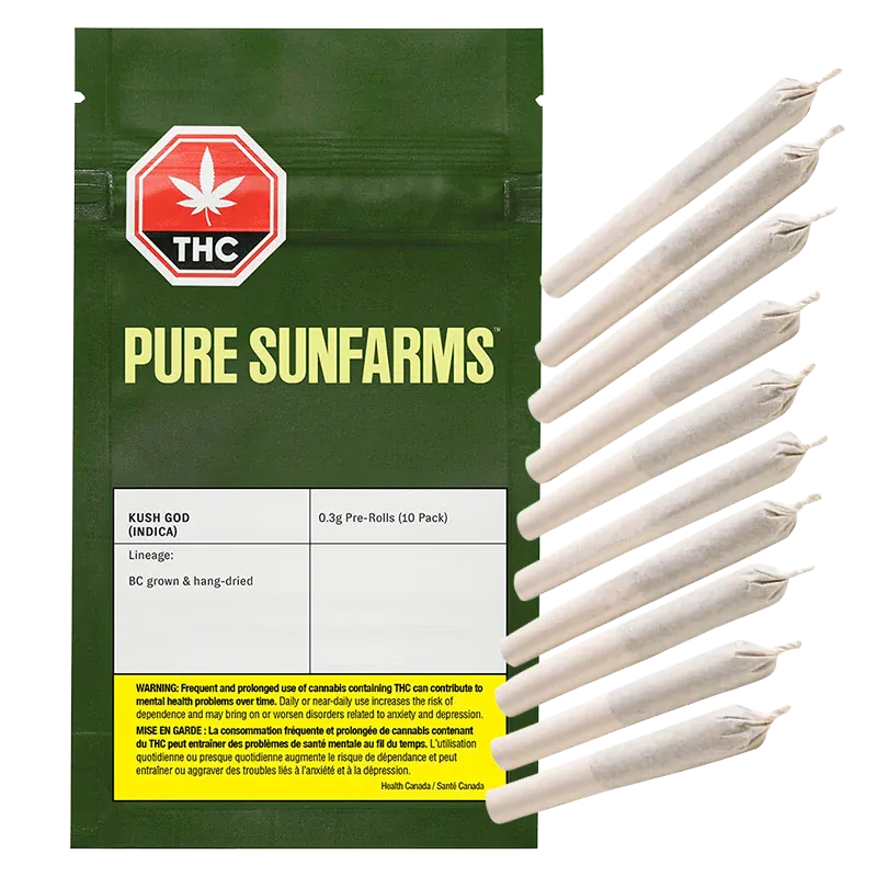 Front-facing pack of Pure Sunfarms Kush God PR 10 x 0.35 g beside a tidy column of ten white pre-rolled joints on a white background