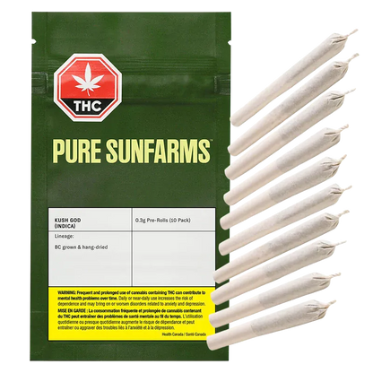 Front-facing pack of Pure Sunfarms Kush God PR 10 x 0.35 g beside a tidy column of ten white pre-rolled joints on a white background