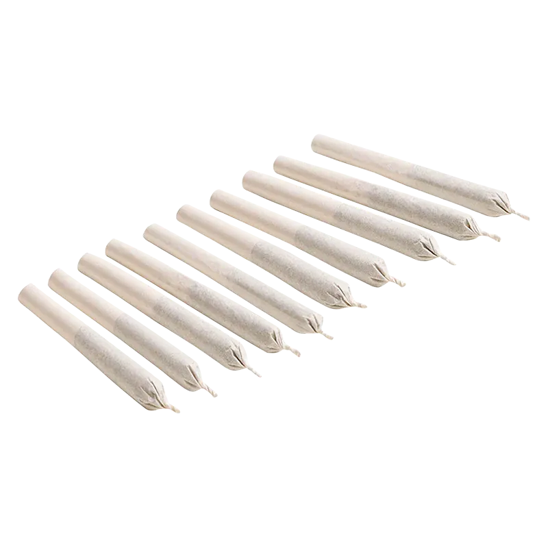 Angled top-down view of eleven beige pre-rolled cones laid in parallel rows, labeled Kush God PR 10 x 0.35 g.