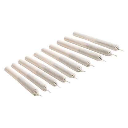 Angled top-down view of eleven beige pre-rolled cones laid in parallel rows, labeled Kush God PR 10 x 0.35 g.