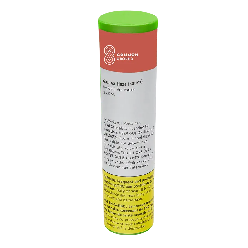 Tall front view of the Common Ground Guava Haze PR 5 x 0.5 g cylinder with a red label, green lid, and legible warning block near the base
