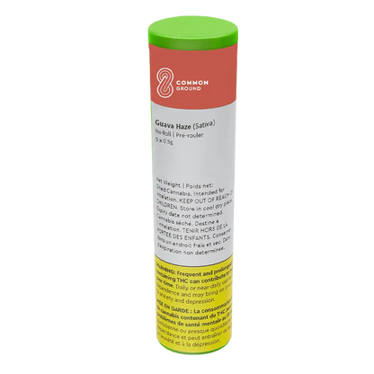 Tall front view of the Common Ground Guava Haze PR 5 x 0.5 g cylinder with a red label, green lid, and legible warning block near the base