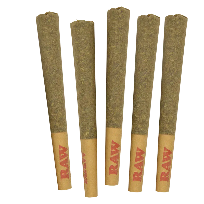 Top-down view of five RAW Guava Haze PR 5 x 0.5 g pre-rolls standing upright on a white background.