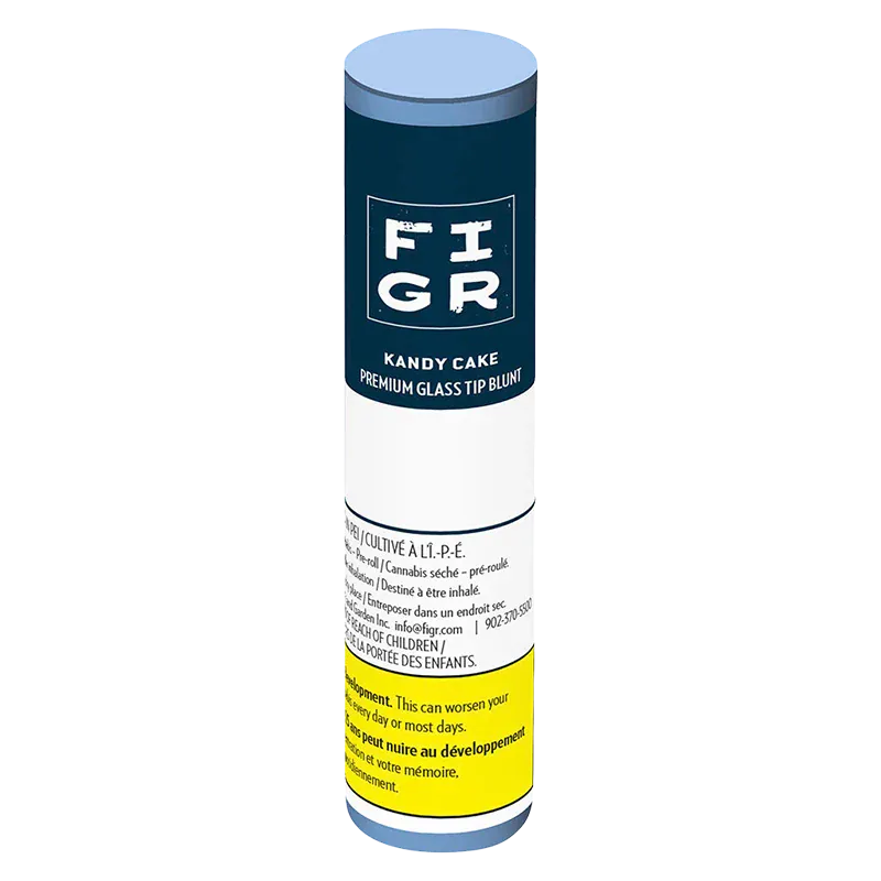 Vertical product shot of a cylindrical container labeled Kandy Cake Glass Tip Blunt PR 1 x 1 g standing on a white background, showing navy top label, white middle text panel and yellow warning strip.