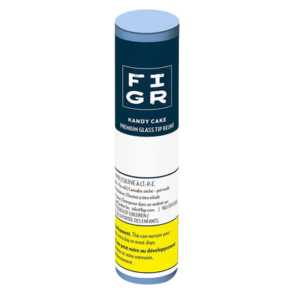 Vertical product shot of a cylindrical container labeled Kandy Cake Glass Tip Blunt PR 1 x 1 g standing on a white background, showing navy top label, white middle text panel and yellow warning strip.
