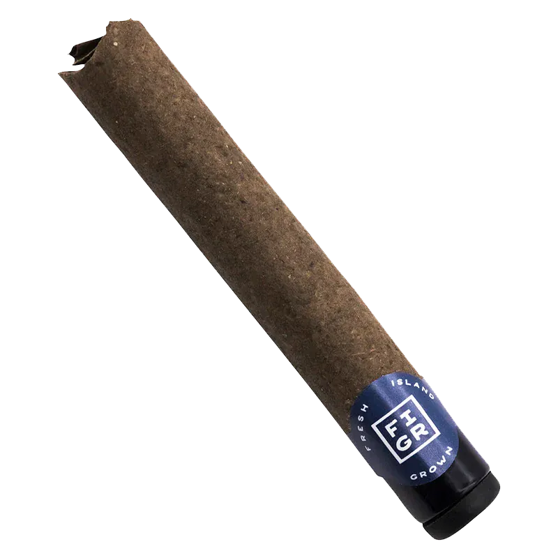 Angled close-up of a brown rolled blunt with a blue band reading FITGR, labeled "Kandy Cake Glass Tip Blunt PR 1 x 1 g."