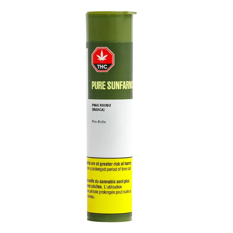 Tall front view of the Pink Rhino PR 5 x 0.5 g pre-roll tube with olive-green cap and label, white middle panel and yellow warning band.