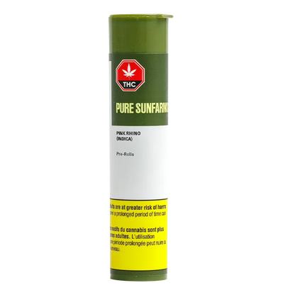 Tall front view of the Pink Rhino PR 5 x 0.5 g pre-roll tube with olive-green cap and label, white middle panel and yellow warning band.