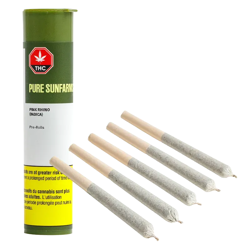 Angled view of five rolled pre-rolls fanned beside a standing green tube labeled Pink Rhino PR 5 x 0.5 g.