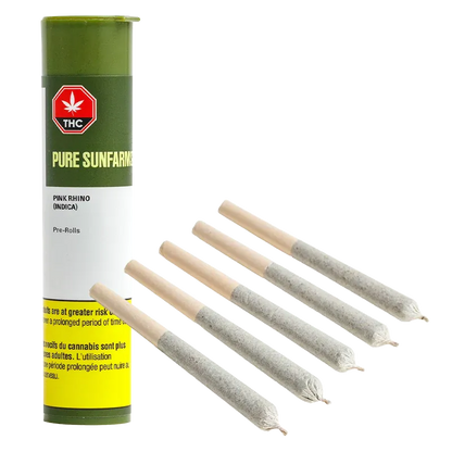 Angled view of five rolled pre-rolls fanned beside a standing green tube labeled Pink Rhino PR 5 x 0.5 g.