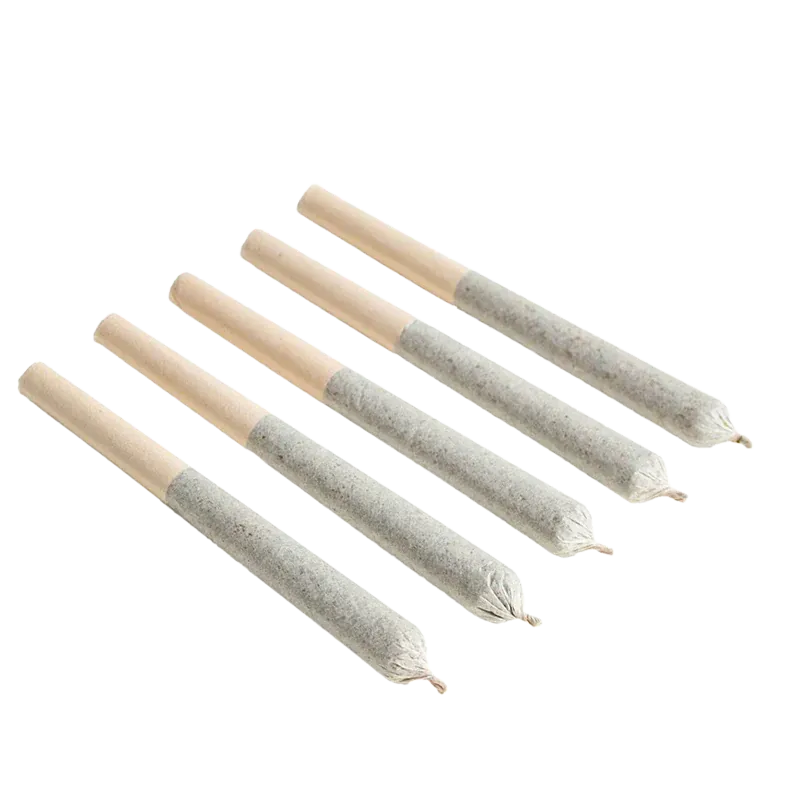 Diagonal overhead view of five rolled joints with brown filter tips arranged in parallel, titled Pink Rhino PR 5 x 0.5 g.