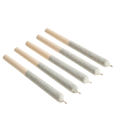 Diagonal overhead view of five rolled joints with brown filter tips arranged in parallel, titled Pink Rhino PR 5 x 0.5 g.