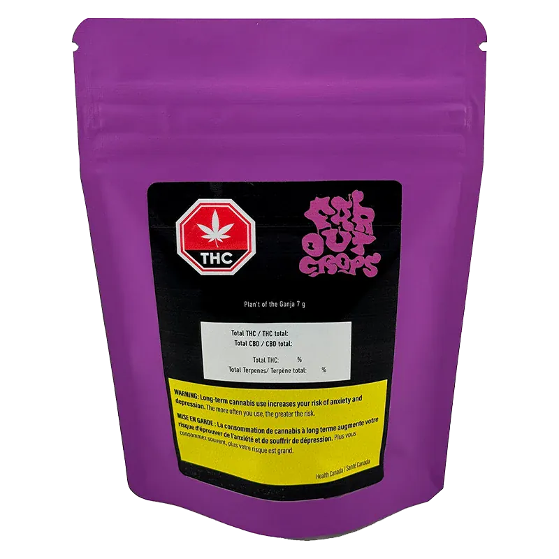 Front-facing shot of the purple Plan't of the Ganja pouch with a black label, red THC icon, and yellow warning panel.