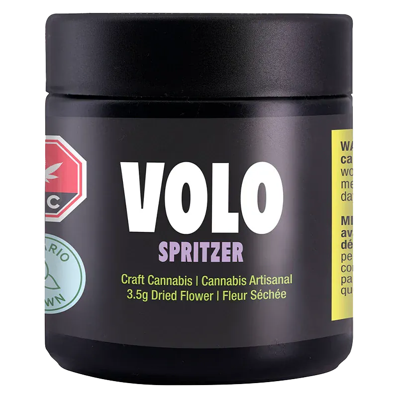 Front-facing shot of the black jar labeled VOLO Spritzer with bold white VOLO text and purple "Spritzer" above yellow product details.