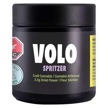 Front-facing shot of the black jar labeled VOLO Spritzer with bold white VOLO text and purple "Spritzer" above yellow product details.