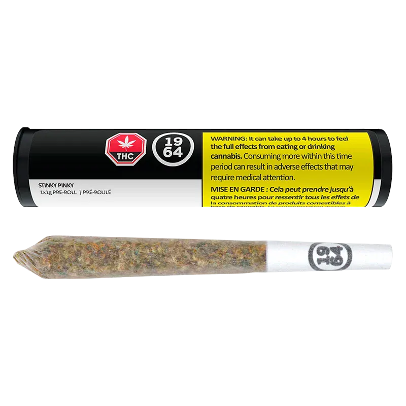 Close-up of a rolled joint in front of a black tube labeled Stinky Pinky PR 1 x 1 g, shown on a white background.