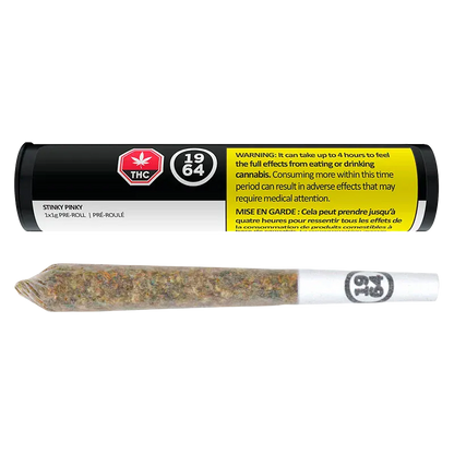 Close-up of a rolled joint in front of a black tube labeled Stinky Pinky PR 1 x 1 g, shown on a white background.