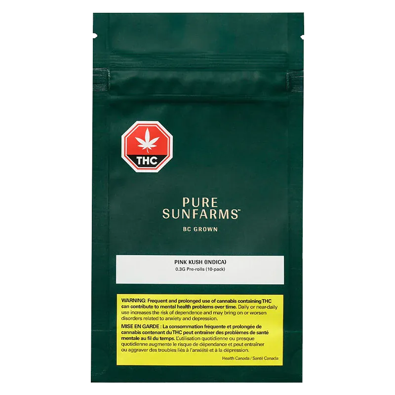 Front-facing shot of the green pouch labeled "Pink Kush PR 10 x 0.35 g" with Pure Sunfarms logo and warning panel.