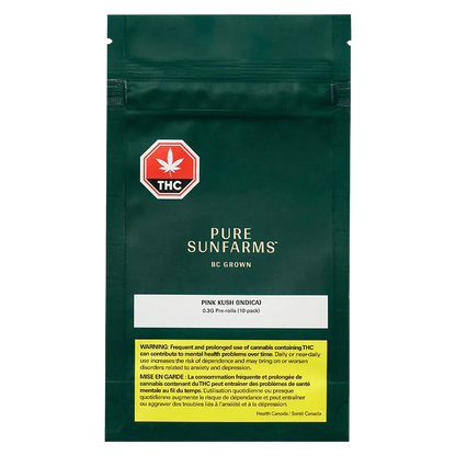 Front-facing shot of the green pouch labeled "Pink Kush PR 10 x 0.35 g" with Pure Sunfarms logo and warning panel.