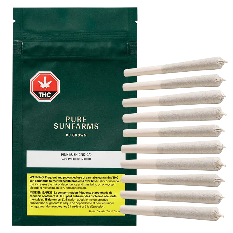 Flat front view of a green packet labeled Pure Sunfarms Pink Kush PR 10 x 0.35 g with ten pre-rolls fanned vertically to its right.