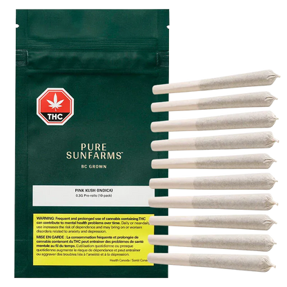 Flat front view of a green packet labeled Pure Sunfarms Pink Kush PR 10 x 0.35 g with ten pre-rolls fanned vertically to its right.