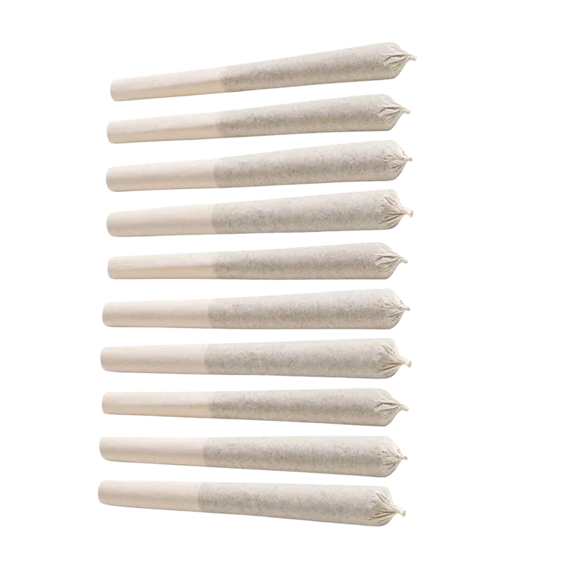 Top-down view of ten pre-rolled joints arranged in neat vertical rows showing paper tips and twisted ends for Pink Kush PR 10 x 0.35 g
