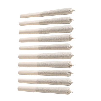 Top-down view of ten pre-rolled joints arranged in neat vertical rows showing paper tips and twisted ends for Pink Kush PR 10 x 0.35 g
