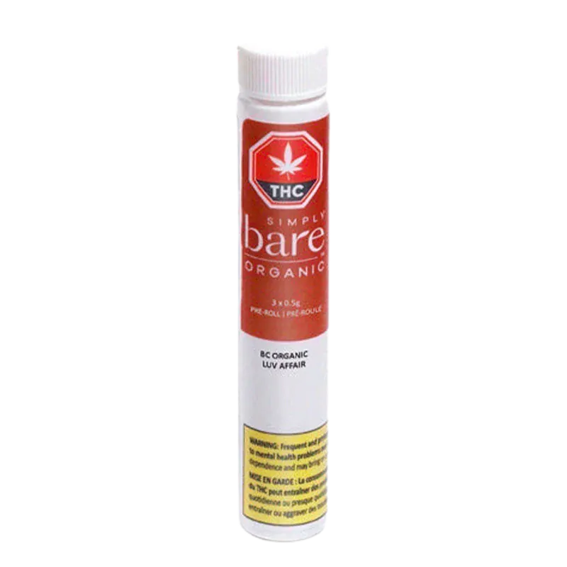 Tall front view of the BC Organic Luv Affair PR 3 x 0.5 g white tube with red THC label and yellow warning box at the base