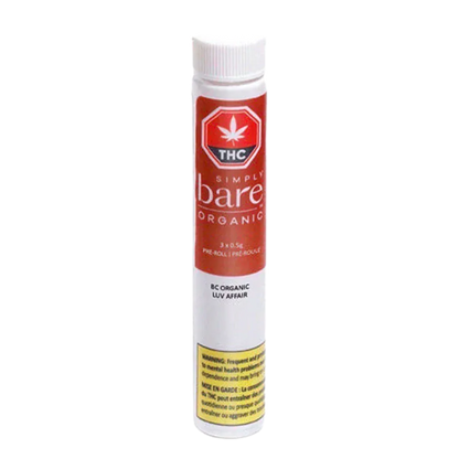 Tall front view of the BC Organic Luv Affair PR 3 x 0.5 g white tube with red THC label and yellow warning box at the base