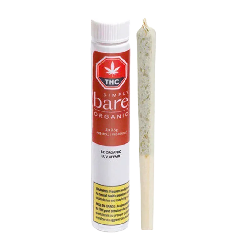 Straight-on product shot of a BC Organic Luv Affair PR 3 x 0.5 g white tube with red label standing beside a single pre-roll on a white background