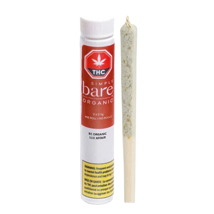 Straight-on product shot of a BC Organic Luv Affair PR 3 x 0.5 g white tube with red label standing beside a single pre-roll on a white background