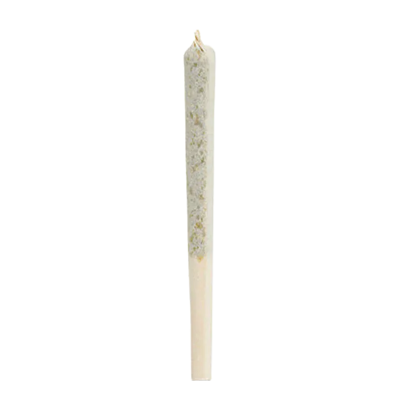 Vertical studio shot of a single pre-rolled BC Organic Luv Affair PR 3 x 0.5 g joint against a white background.