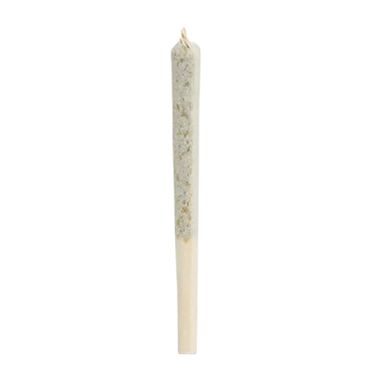 Vertical studio shot of a single pre-rolled BC Organic Luv Affair PR 3 x 0.5 g joint against a white background.