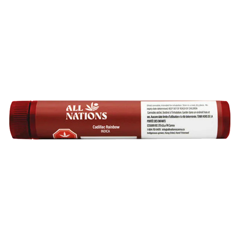Side view of a red tube on white background labeled All Nations Cadillac Rainbow PR 3 x 0.5 g, showing the brand logo and product text.