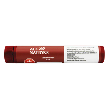 Side view of a red tube on white background labeled All Nations Cadillac Rainbow PR 3 x 0.5 g, showing the brand logo and product text.