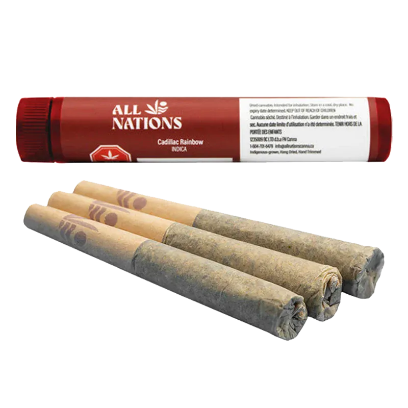 Angled close-up of three rolled joints in front of a red tube labeled "Cadillac Rainbow PR 3 x 0.5 g" from All Nations.