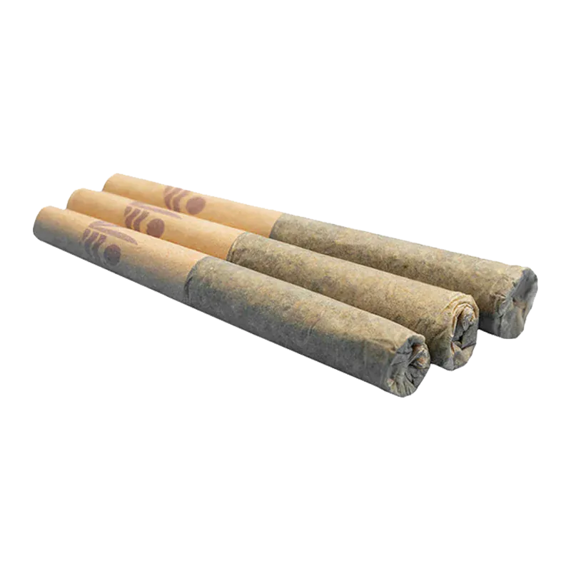 Diagonal close-up of three rolled joints on a white background showing the tips and paper branding of Cadillac Rainbow PR 3 x 0.5 g